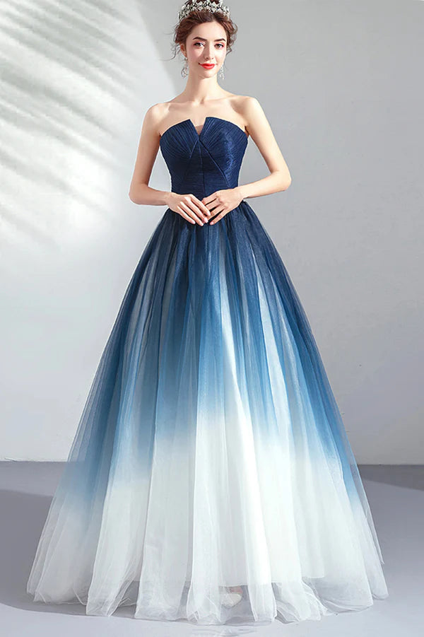 Blue Gradient Tulle Strapless Long A-Line Prom Dress Blue Evening Party Dress